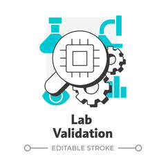 Poster - Lab validation flat outline concept icon. Product testing process. Technology readiness level. Development stage. Modern line illustration with blue glyphs. Conceptual visual. Easy to edit