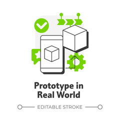 Poster - Prototype in real world flat outline concept icon. Pilot product. Technology readiness level. Deployment stage. Modern line illustration with green glyphs. Conceptual visual. Easy to edit