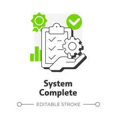 Poster - System complete flat outline concept icon. Product certification. Technology readiness level. Deployment stage. Modern line illustration with green glyphs. Conceptual visual. Easy to edit