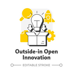 Poster - Outside in open innovation flat outline concept icon. Absorbing development insights. Fresh thinking strategy. Modern line illustration with yellow glyphs. Conceptual visual. Easy to edit