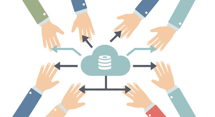 Poster - Cloud Data Collaboration: A collaborative cloud environment visualized with hands reaching towards a central data storage unit, representing teamwork, sharing and access. 