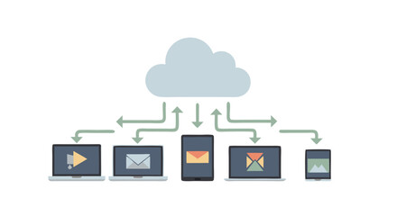Poster - Cloud Computing: A cloud hovers over a collection of electronic devices, symbolizing data and information flow between various digital platforms.