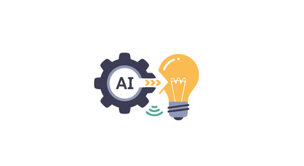 Poster - AI-Powered Innovation: A conceptual illustration, featuring a gear turning and passing information to a bright lightbulb.