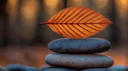 Poster - Tranquil Balance of Autumn Leaf on Stack of Smooth River Stones