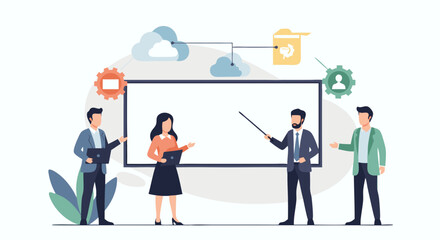 Poster - Cloud Data Presentation: A professional team uses presentation screen, showcasing the cloud data transfer and connected business.