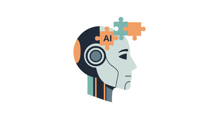 Poster - AI Concept and Tech Innovation: A stylized depiction of an artificial intelligence concept, with puzzle pieces coming together to form a robot's brain.