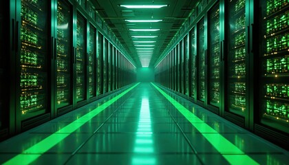 Poster - Futuristic server room hallway, glowing green. Rows of computer racks line path, reflecting light on polished floor. Advanced technology, data storage, computing power evident in high-tech