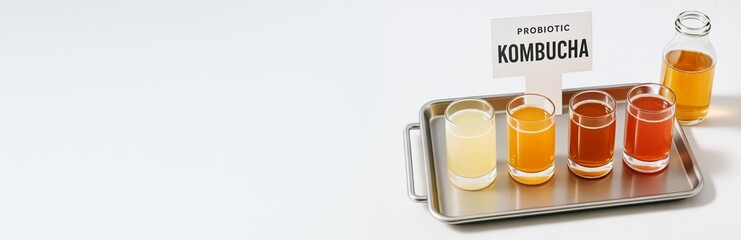 Poster - Assorted probiotic kombucha drinks in glasses on metal tray with label on clean white background and empty copy space for product concept. Ai generative