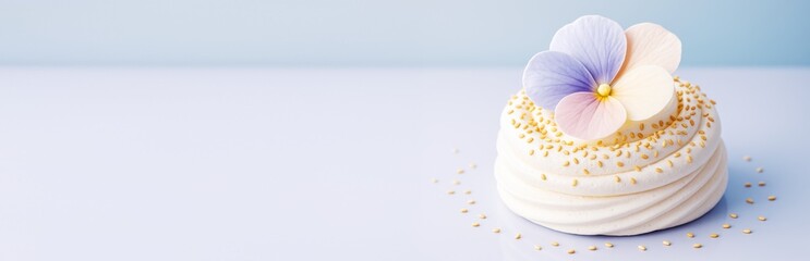 Poster - Elegant meringue dessert topped with pastel edible flowers on light background with copy space for food banner or promotional concept. Ai generative