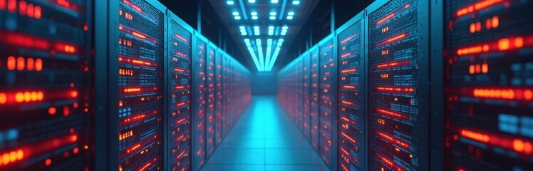 Poster - Data center server room aisle with rows of servers, glowing red lights. Features rows of rack mounted servers with blinking red lights, blue overhead illumination. Modern digital infrastructure for