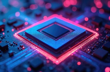 Poster - Futuristic glowing CPU chip on circuit board. Blue, purple grid design with neon cyber-style illumination. High-tech digital abstract background with illuminated lines, bokeh lights, representing
