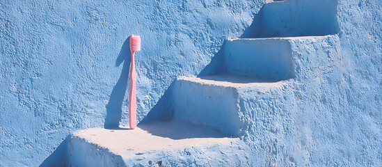 Poster - Minimalist pink toothbrush positioned on pastel blue steps creates a striking visual contrast highlighting simplicity and soft color harmony.