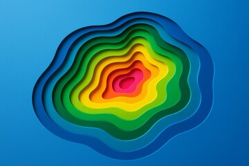 Poster - Abstract colorful layered cutout shape with concentric curves on blue background forming a topographic style modern design concept. Ai generative