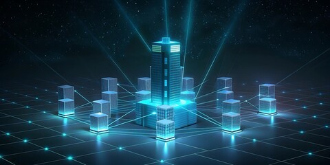 Poster - A futuristic digital city network with glowing blue lights connecting buildings.