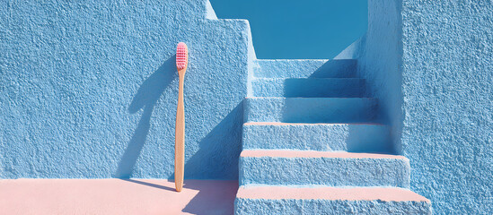 Poster - Minimalist pink toothbrush positioned on pastel blue steps creates a striking visual contrast highlighting simplicity and soft color harmony.