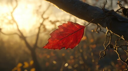 Poster - Vibrant Red Leaf Hanging from Branch in Autumn Sunset Light