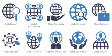 Wall Mural - a set of 10 mix icons as global search, global collaboration, global community