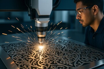 Poster - Laser cutting machine engraving intricate metal pattern with sparks, technician observing in high-tech industrial background, concept of precision work. Ai generative