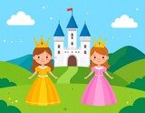 Two princess characters in front of a castle