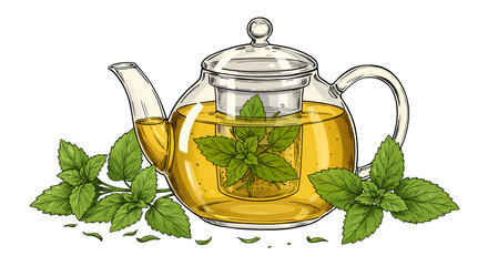 Watercolor drawing shows glass teapot brewing mint tea. Ideal for marketing, design, web use promoting tea, herbal remedies, wellness, or healthy lifestyle.	
