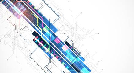 Poster - Technological background with colorful squares glowing on a blue gradient. Vector.