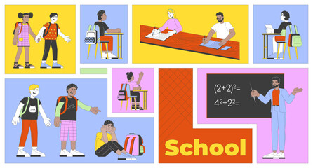 Poster - Classroom learning, friendship and math education bento grid illustration set. Back to school 2D vector image collage design graphics collection. Diverse pupils flat characters moodboard layout