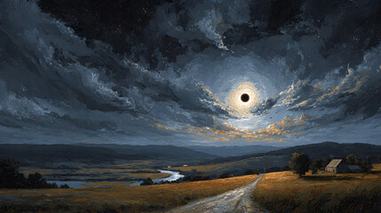 Wall Mural - Dramatic depiction of a total solar eclipse over a rural landscape.