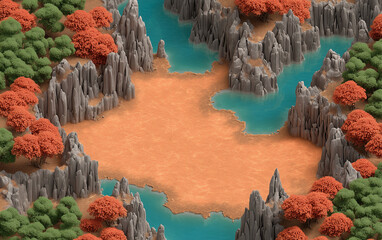 a top-down view of a scenic landscape, a breathtaking panorama of nature with autumn trees and water