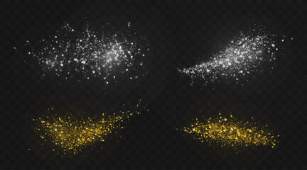 Poster - Glowing dust particles explosion with shimmer effect - bright white sparkles burst, golden powder clouds on black background for overlay design, magical light elements and luxury decoration graphics.