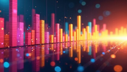 Poster - Dynamic colorful bar chart visualizes business metrics, finance trends, market growth. Abstract digital data display with glowing lights, showing progress, success in technology, economy. Vibrant