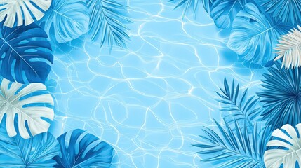 Poster - Botanical tropical fabric pattern showcasing navy blue monstera and palm leaves on a vivid blue water background, delicate ripple reflections, seamless textile print, high contrast