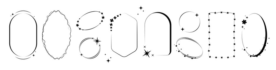 Poster - Black line border frames with stars and celestial orbits - minimalist aura designs in oval, rectangular and abstract shapes. Blurred sparkle elements, geometric outlines for mystical graphics.