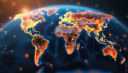Poster - Global network connection illuminated earth map shows international communication, data transfer. Futuristic digital cyberspace lines connect nodes across planet at night. Abstract infrastructure