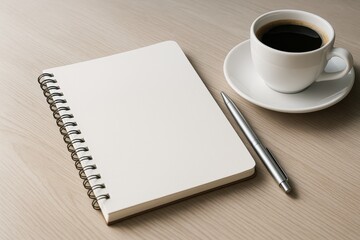 Poster - Blank spiral notebook with pen and coffee cup on wooden desk surface for clean lifestyle workspace mockup and branding presentation concept. Ai generative