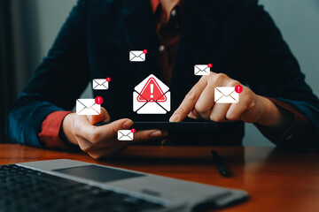 Poster - Businessman checking smartphone with warning email icons. Concept of spam alert, phishing scam, email security threat, cyber attack risk, and digital communication protection
