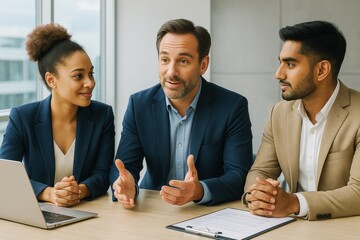 Poster - Diverse business team discussing ideas during a meeting in modern office with natural light and city background, showcasing creative teamwork. Ai generative