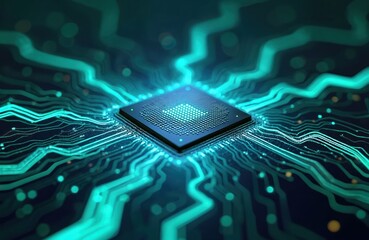 Poster - Blue-green light pulses through circuit board towards central computer processor. Data streams convey deep intelligence, computing power, network communication. Futuristic technology innovation, AI,