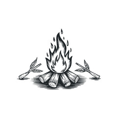 Wall Mural - Simple Monochrome Sketch of a Burning Campfire with Wooden Kindling. Hand drawn vector illustration