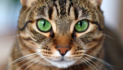 close-up of a tabby cat with bright green eyes