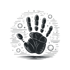 Wall Mural - Handprint Surrounded by Planetary Orbits and Space Elements. Hand drawn vector illustration
