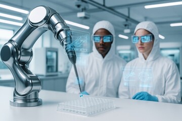 Poster - Futuristic robotic arm performing scientific lab analysis with holographic interface while two scientists observe in modern lab environment. Ai generative