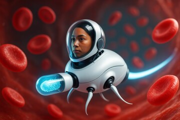 Poster - Futuristic medical nanobot with human pilot exploring bloodstream surrounded by red cells on science fiction background concept with glowing light. Ai generative