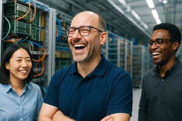 Poster - Group of smiling IT professionals in server room with data cables and equipment in background, symbolizing teamwork and technology success. Ai generative