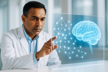 Poster - Scientist interacting with futuristic transparent interface displaying neural network and human brain in scientific lab environment background. Ai generative