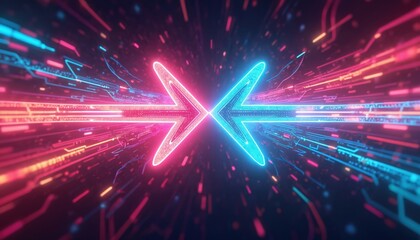 Poster - Digital illustration features converging neon arrows in vibrant pink, blue. Futuristic design with glowing circuit lines, speed, motion. Abstract geometric pattern evokes technology, data stream,