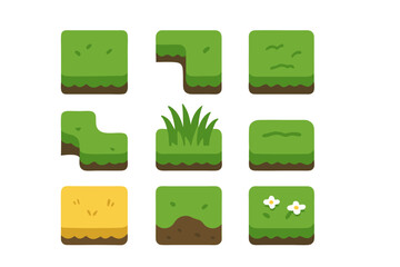 Collection of various green grass and dirt blocks for graphic design and game development on white background