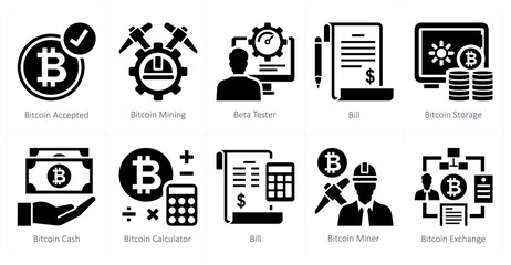 Wall Mural - a set of 10 mix icons as bitcoin accepted, bitcoin mining, beta tester
