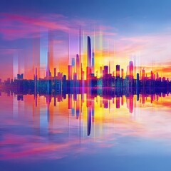 Poster - Colorful cityscape reflected in still water at sunset.