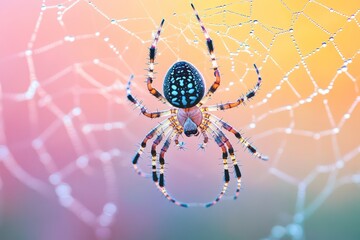 Spider resting on detailed web with morning dew