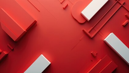 Poster - Red, white abstract geometric shapes create dynamic modern background. Clean lines, bold angles, contrasting forms suggest minimalist design with vibrant energy, visual interest, perfect for